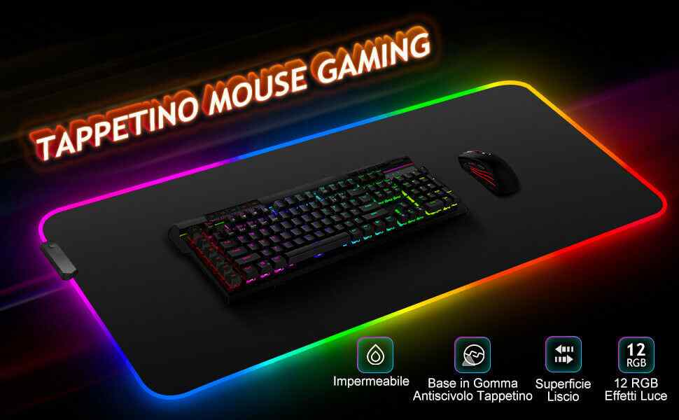 Tappetino Mouse Gaming RGB Grande Mouse Pad da Gioco XXL 12 Modalità di  Luce Superficie Liscia Impermeabile Tappetino per Mouse con Piedini in  Gomma Antiscivolo per Giocatori PC Laptop-800x300mm - Nextprice